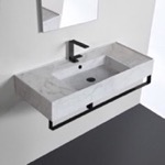 Scarabeo 5124-F-TB-BLK Marble Design Ceramic Wall Mounted Sink With Matte Black Towel Bar